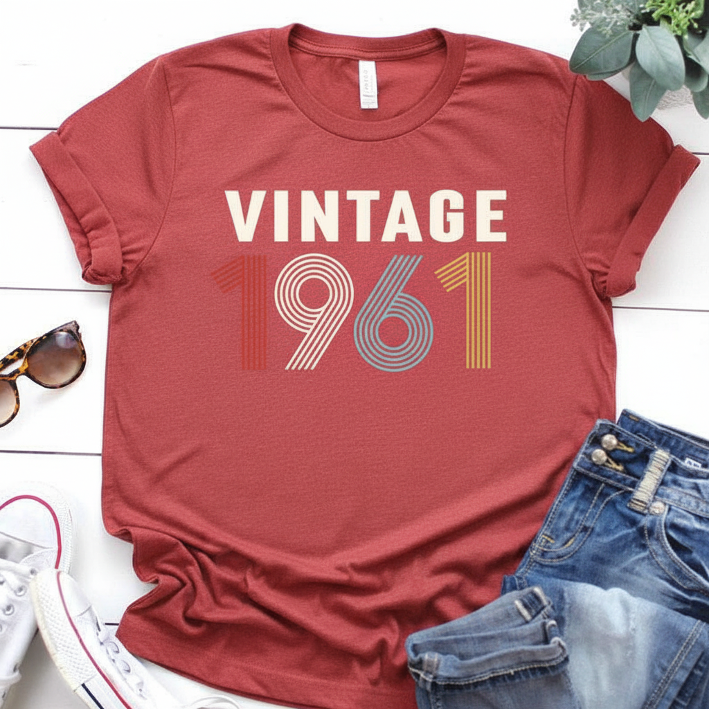 Red t-shirt with 'Vintage 1961' text on a white wooden surface with sunglasses and jeans.