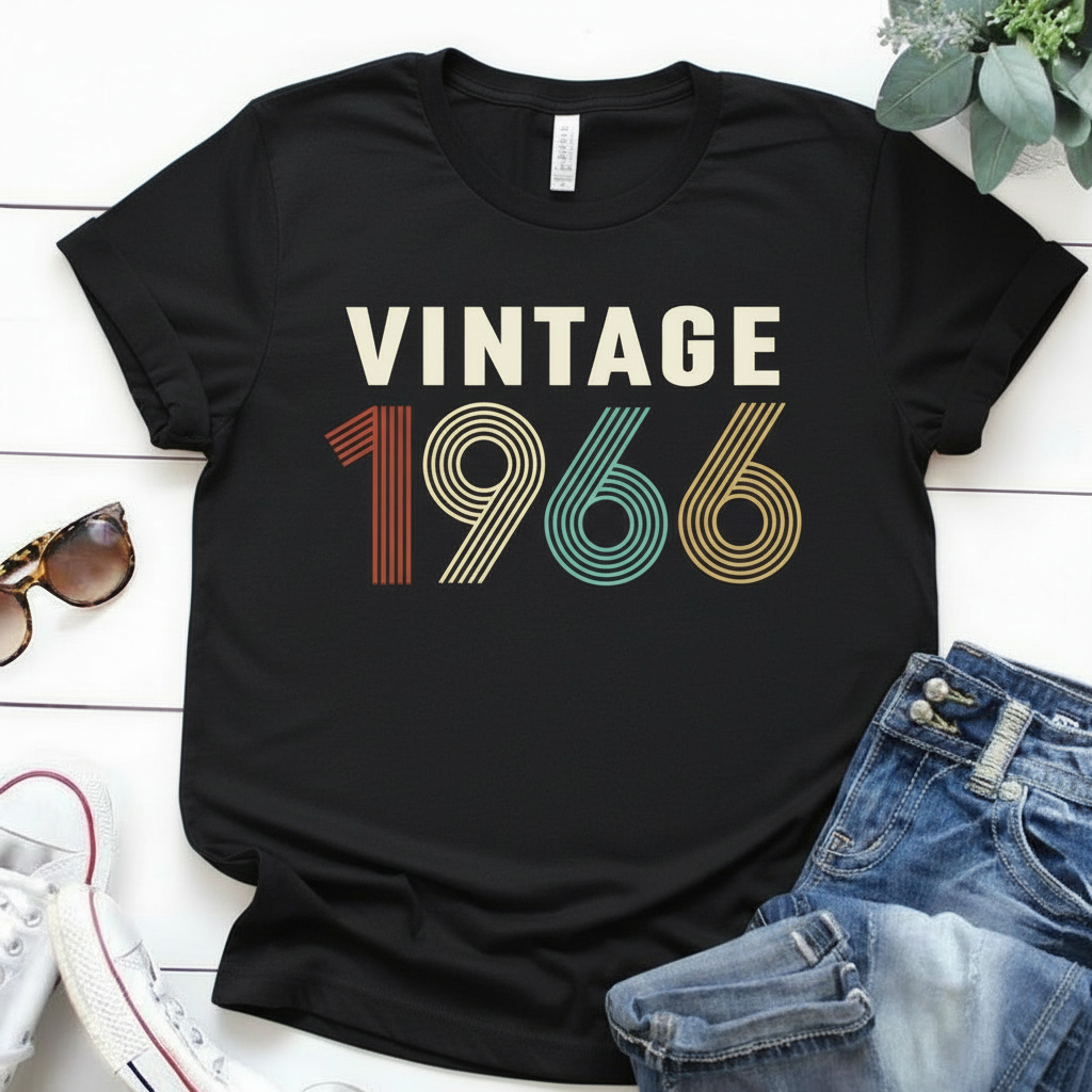 Black t-shirt with 'Vintage 1966' design on a white surface with jeans and sunglasses.