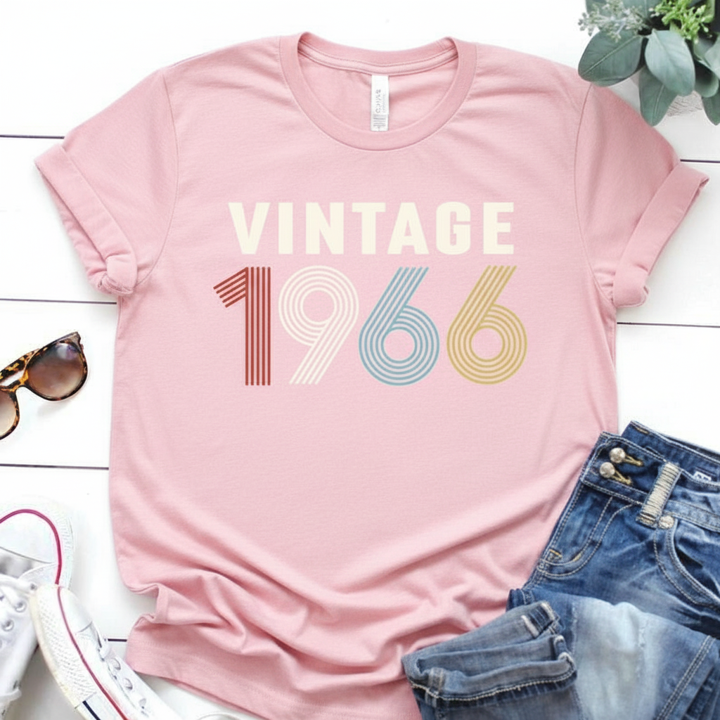 Pink t-shirt with 'Vintage 1966' design on a white surface with sunglasses and jeans.