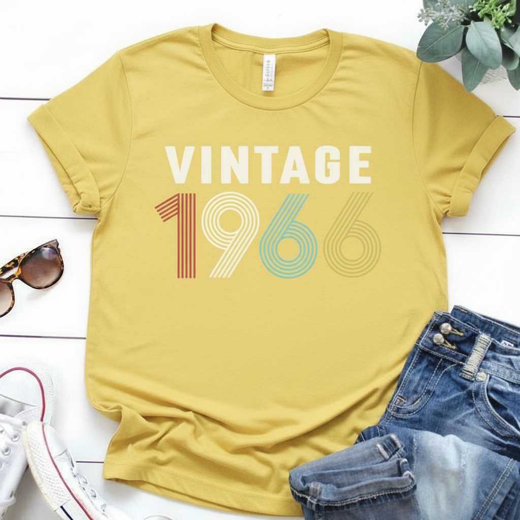 Yellow t-shirt with 'Vintage 1966' design on a white surface with sunglasses and jeans.