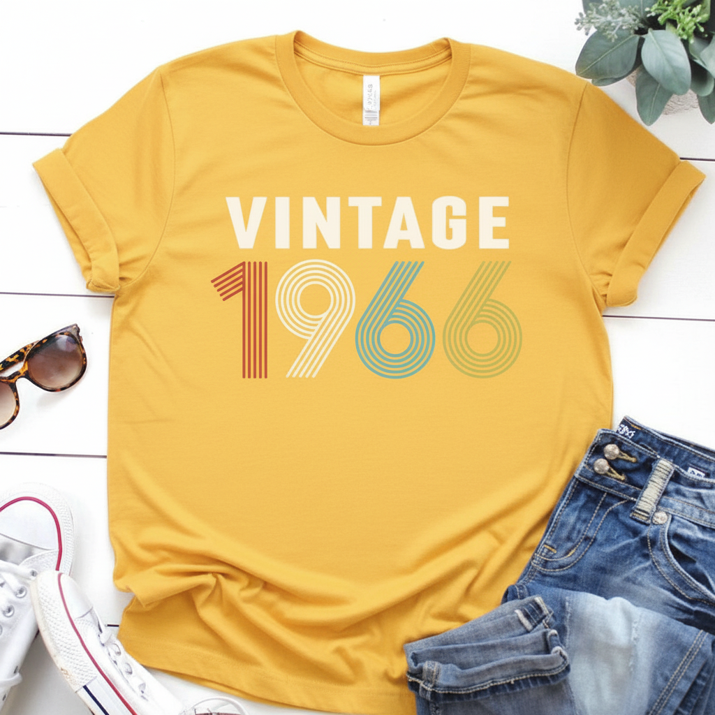 Yellow t-shirt with 'Vintage 1966' text on a white wooden surface with jeans and sunglasses.