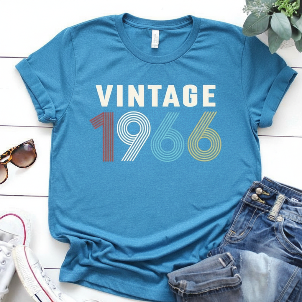 Blue t-shirt with 'Vintage 1966' design on a white surface with sunglasses and jeans.