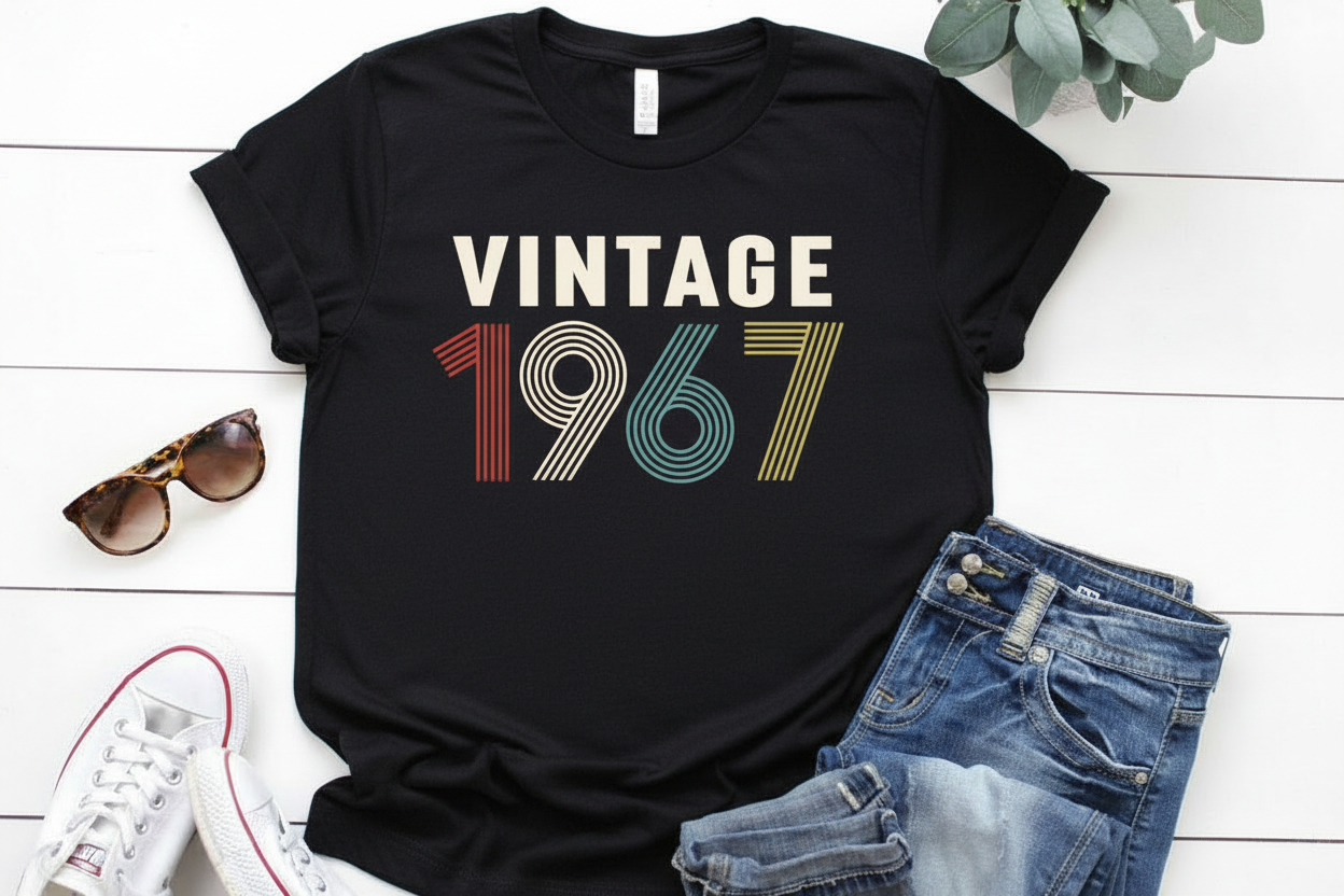 Black t-shirt with 'Vintage 1967' text, sunglasses, and jeans on a white wooden surface