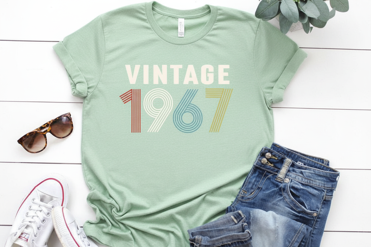 Mint green t-shirt with 'Vintage 1967' text, sunglasses, and jeans on a white wooden surface