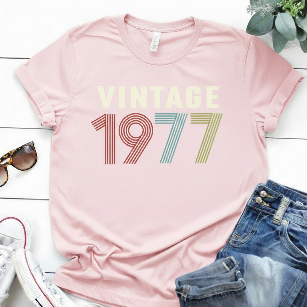 Pink t-shirt with 'Vintage 1977' text on a white surface with sunglasses and jeans.