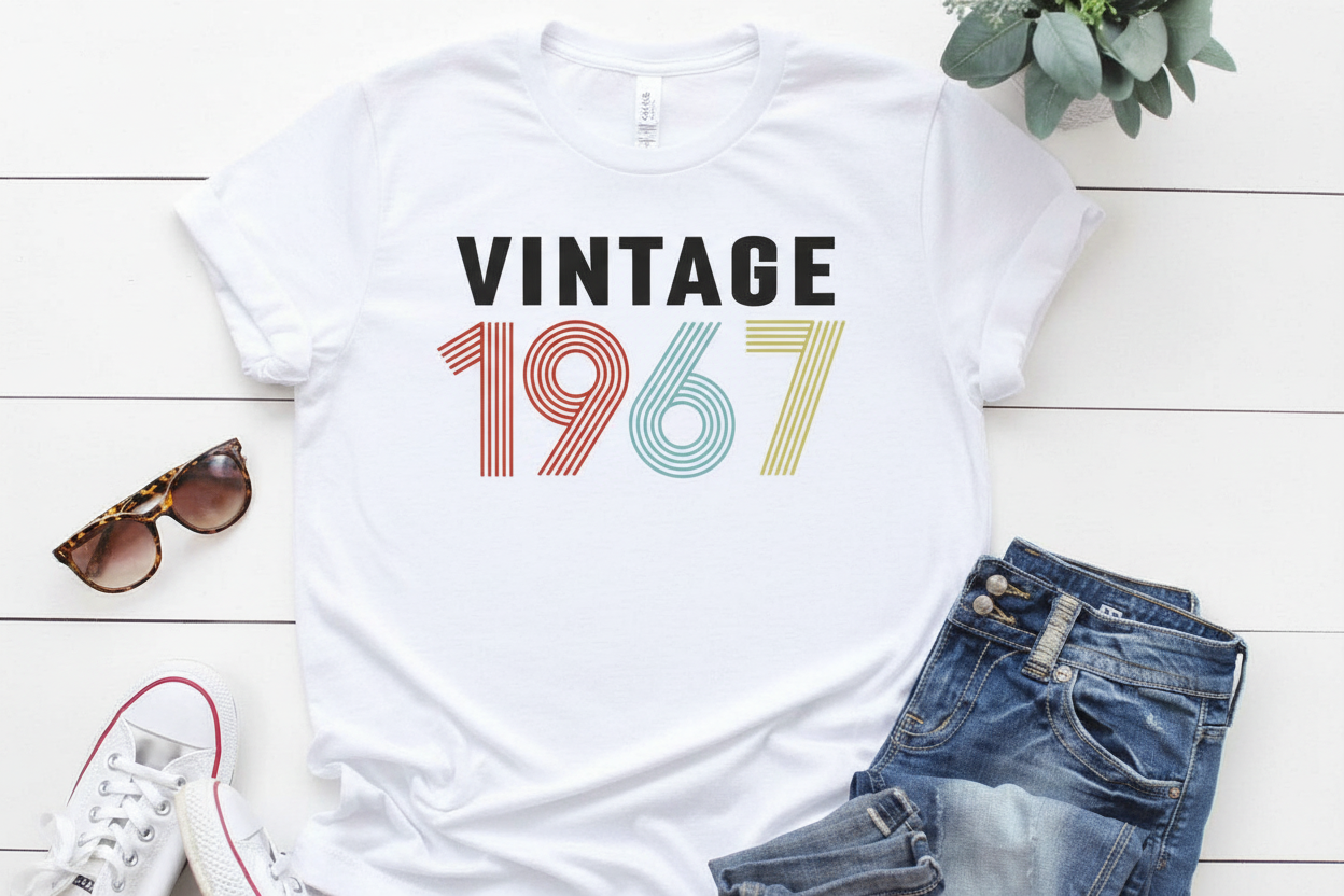 White t-shirt with 'Vintage 1967' text, sunglasses, and jeans on a wooden surface.