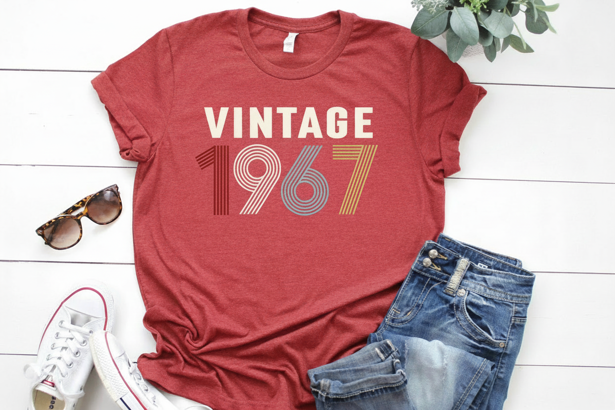 Red t-shirt with 'Vintage 1967' text, sunglasses, white sneakers, and blue jeans on a white wooden surface.