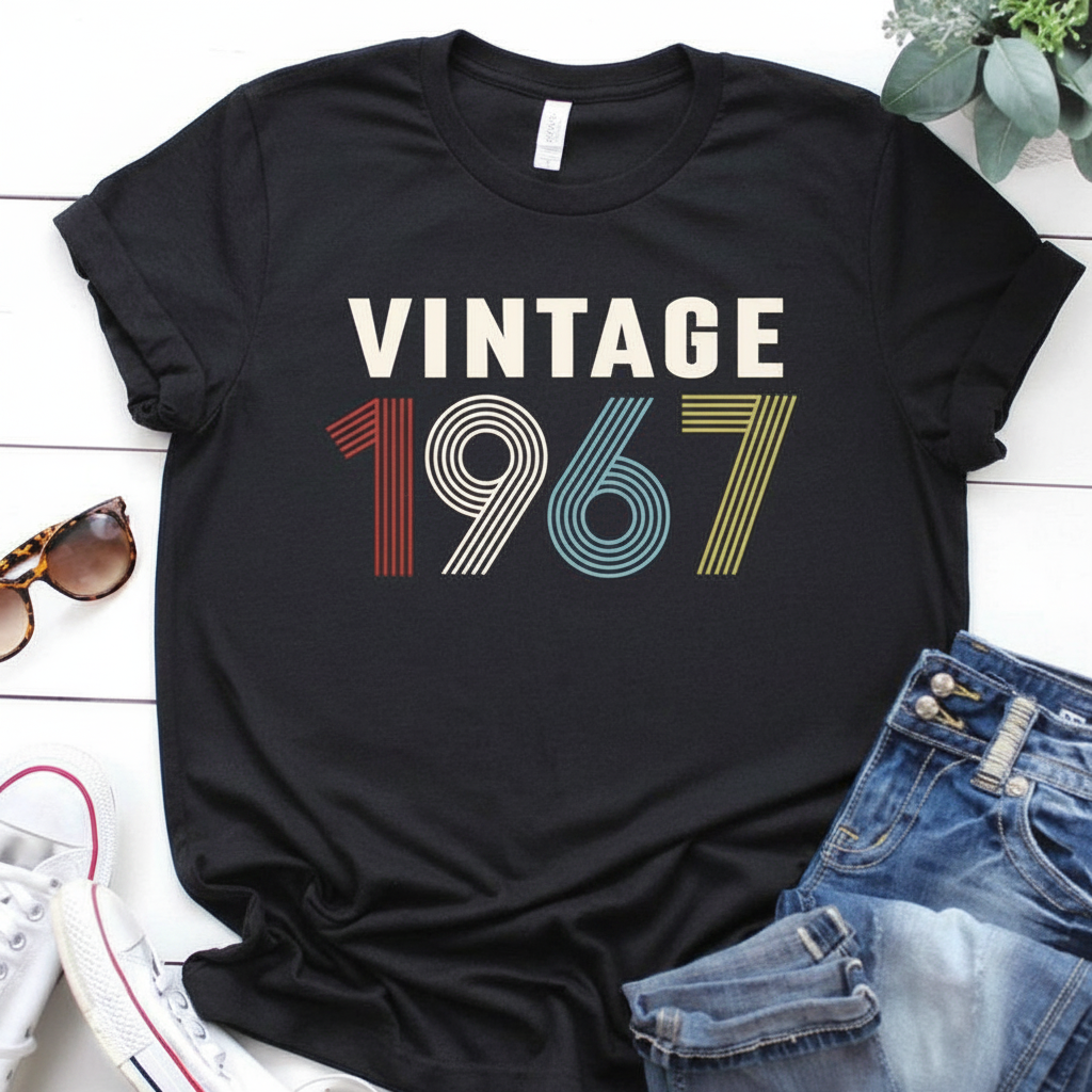 Black t-shirt with 'Vintage 1967' design on a white surface with sunglasses and jeans.