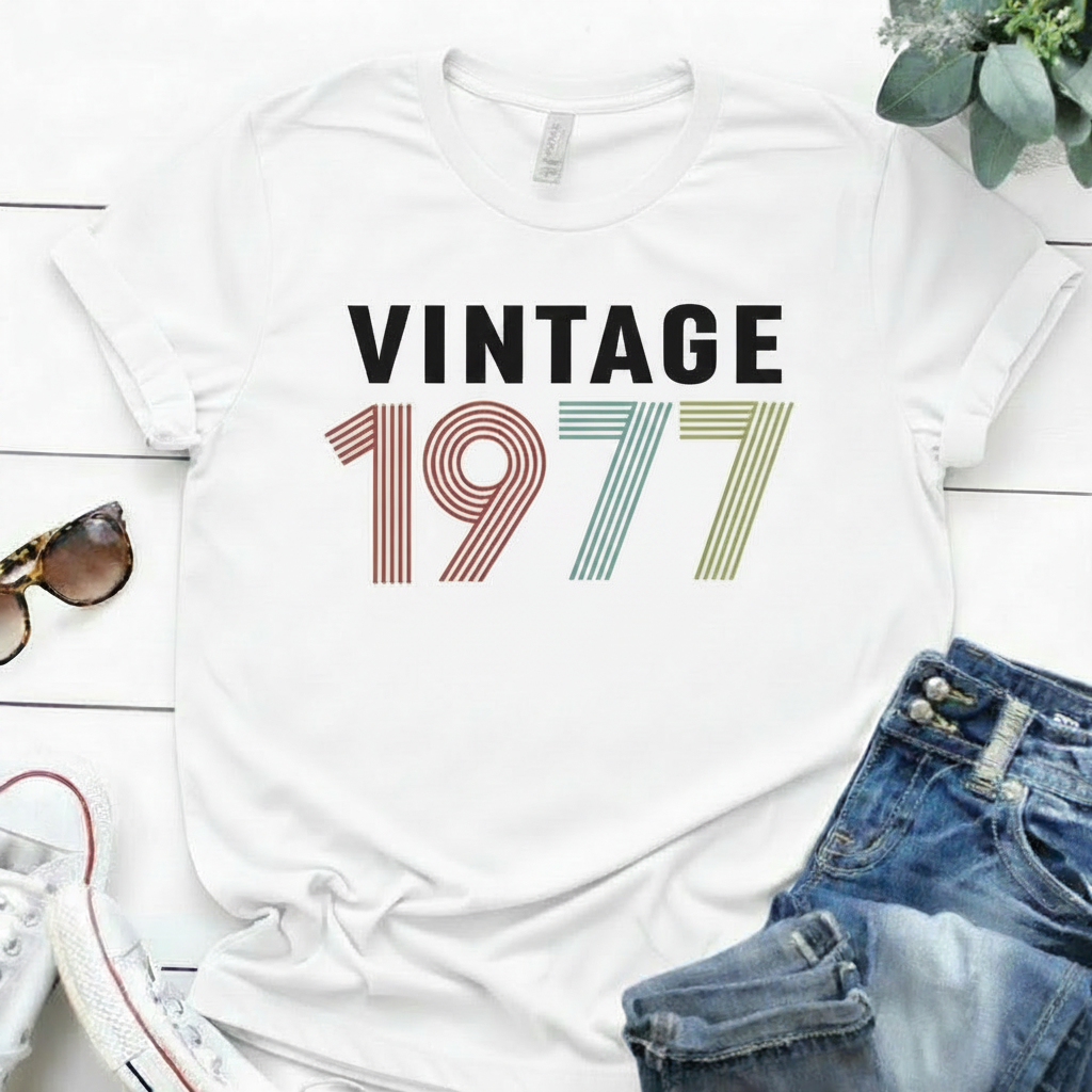 White t-shirt with 'Vintage 1977' print on a white surface with sunglasses and jeans.