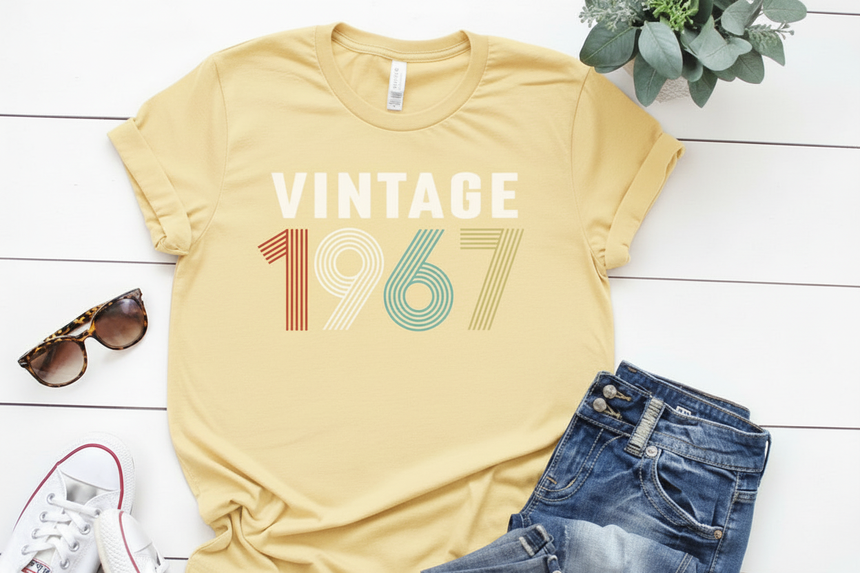 Yellow t-shirt with 'Vintage 1967' text on a white wooden surface with jeans and sunglasses.