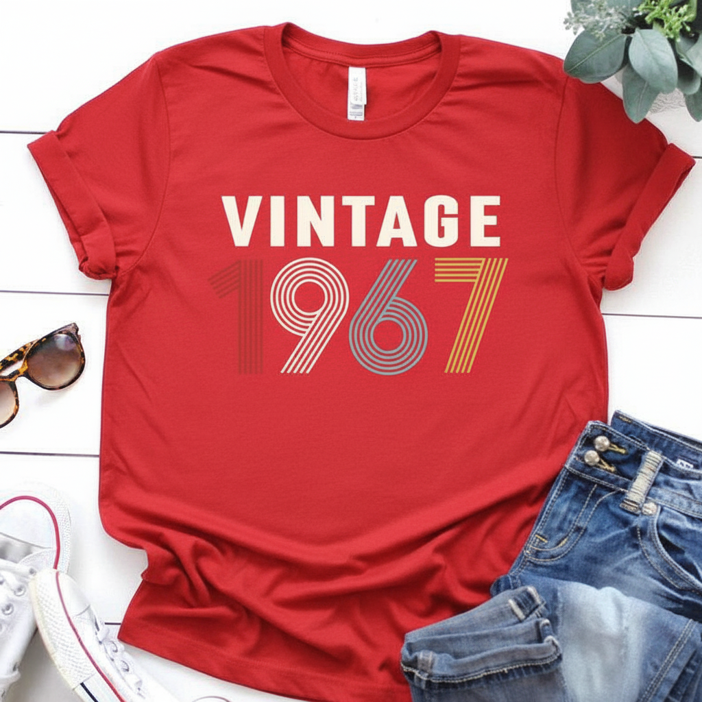 Red t-shirt with 'Vintage 1967' text on a white surface with jeans and sunglasses.