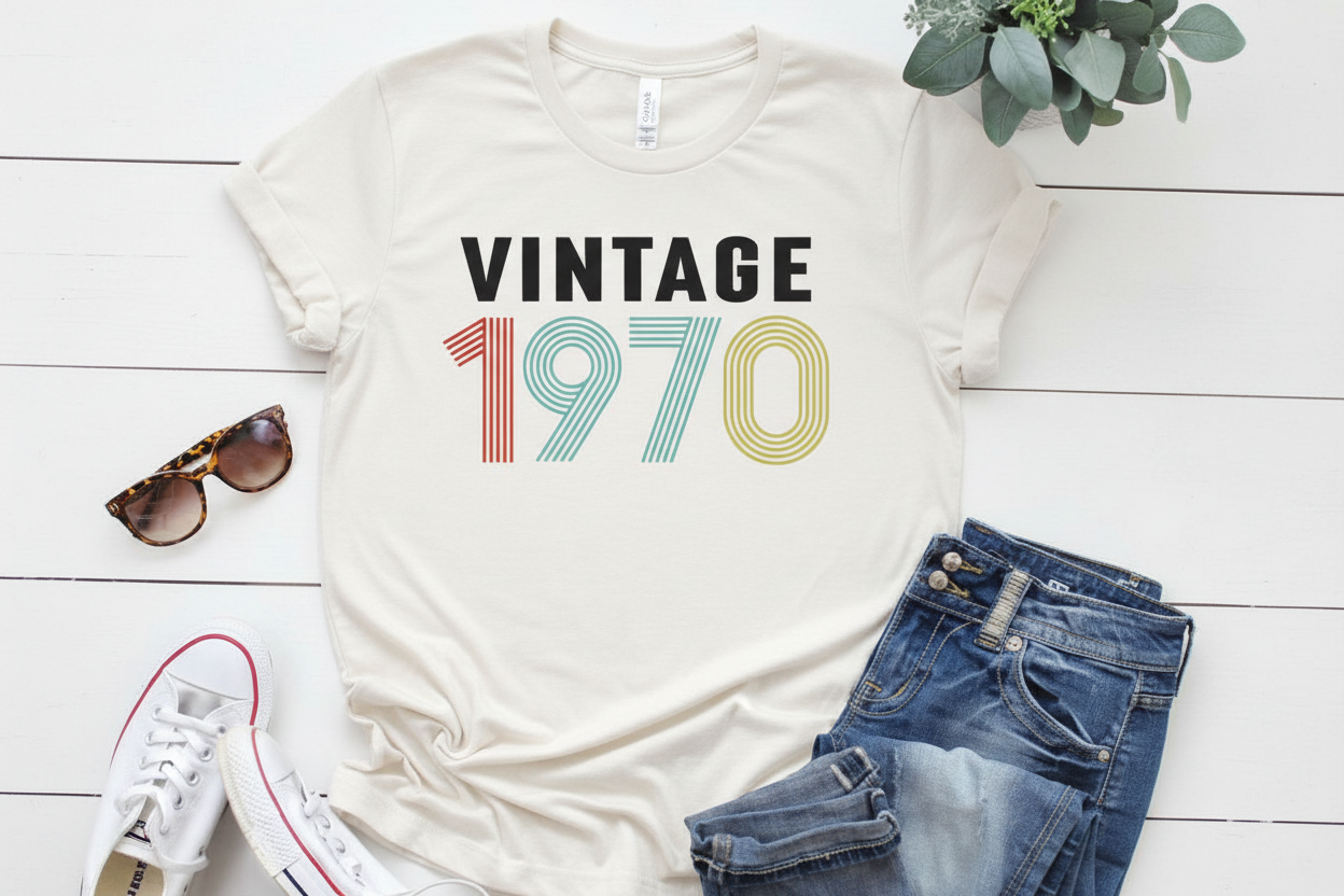 White t-shirt with 'Vintage 1970' text, sunglasses, jeans, and sneakers on a white wooden surface.