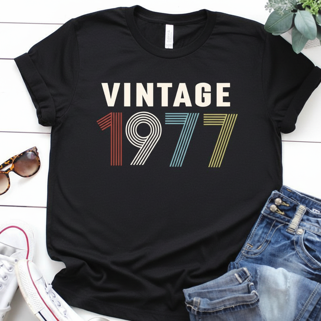 Black t-shirt with 'Vintage 1977' text on a white surface with sunglasses and jeans.
