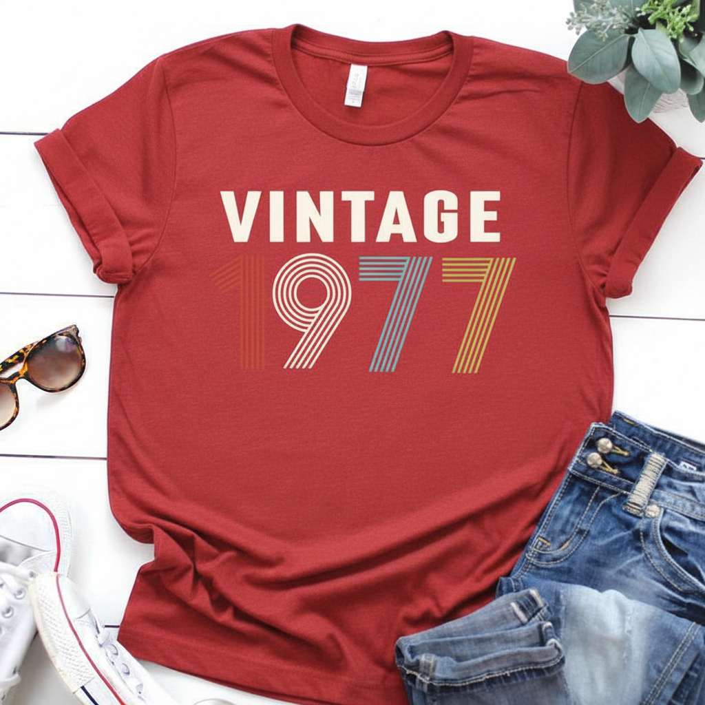 Red t-shirt with 'Vintage 1977' print on a white surface with sunglasses and jeans.