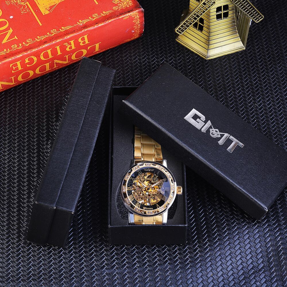 Winner Golden Watch | Classic Rhinestone Clock | Roman Analog Male Skeleton Clocks Mechanical Stainless Steel Band Luminous Watch - Vintage tees for Women