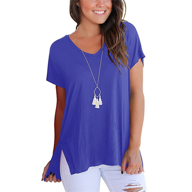 V-Neck Short Sleeve Women Basic T-shirts - Vintage tees for Women
