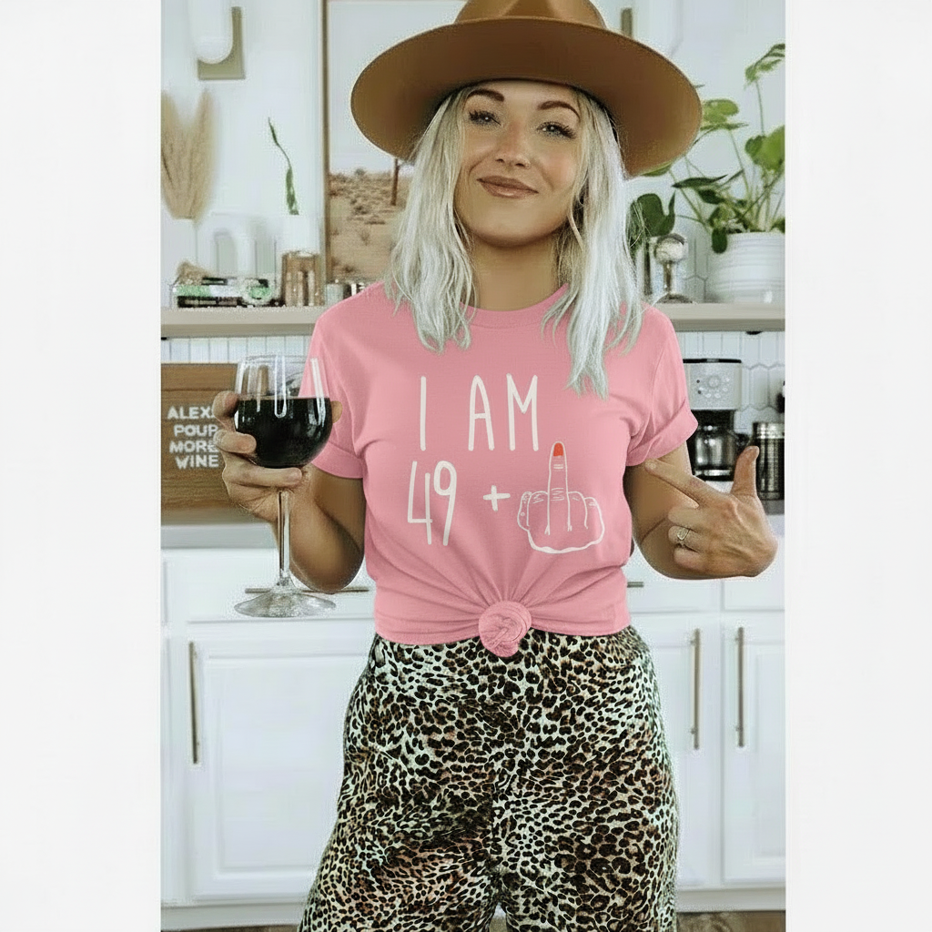 Person wearing a pink t-shirt with text and leopard print pants in a kitchen.
