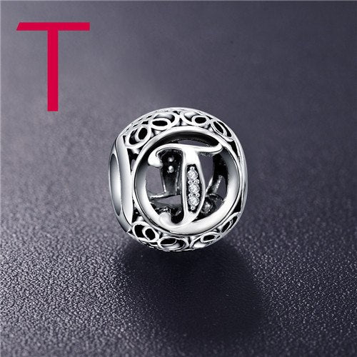 Sterling Silver Vintage Clear Letter Bead Charms | Fit Pandora Women Charm Bracelets Silver Jewelry - Vintage tees for Women