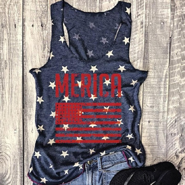 Women Plus Size Top American Flag O Neck Sleeveless Oversize Fashion Crop Tee - Vintage tees for Women