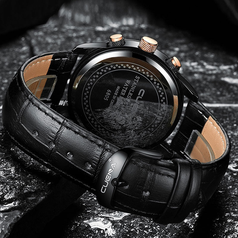 CUENA Men's Watch | Stopwatch Date Luminous Hands Genuine Leather 30M Waterproof Clock | Man Quartz Watch | Men Fashion Watch - Vintage tees for Women