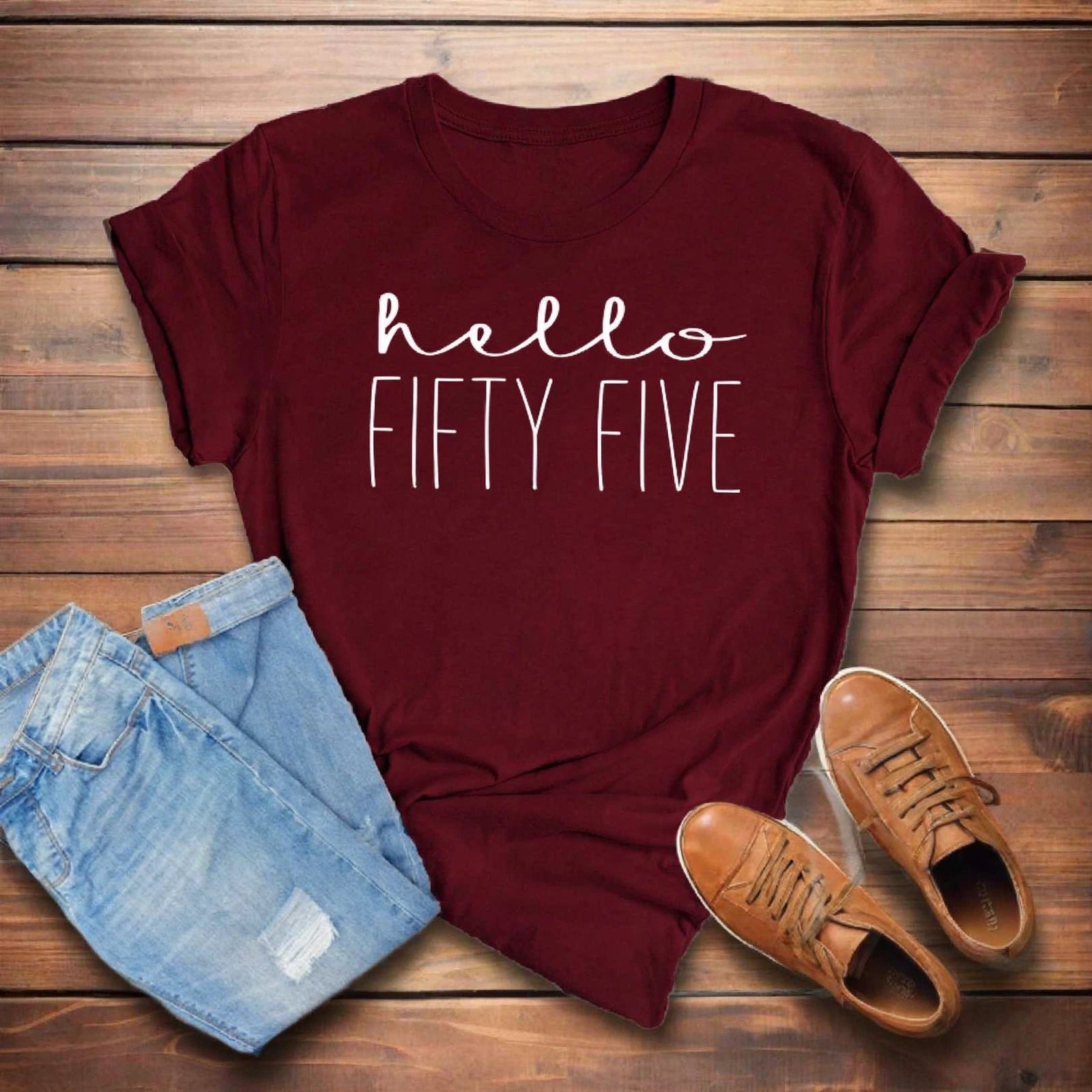 Hello Fifty Five 55th Birthday T-Shirt in Soft Cotton