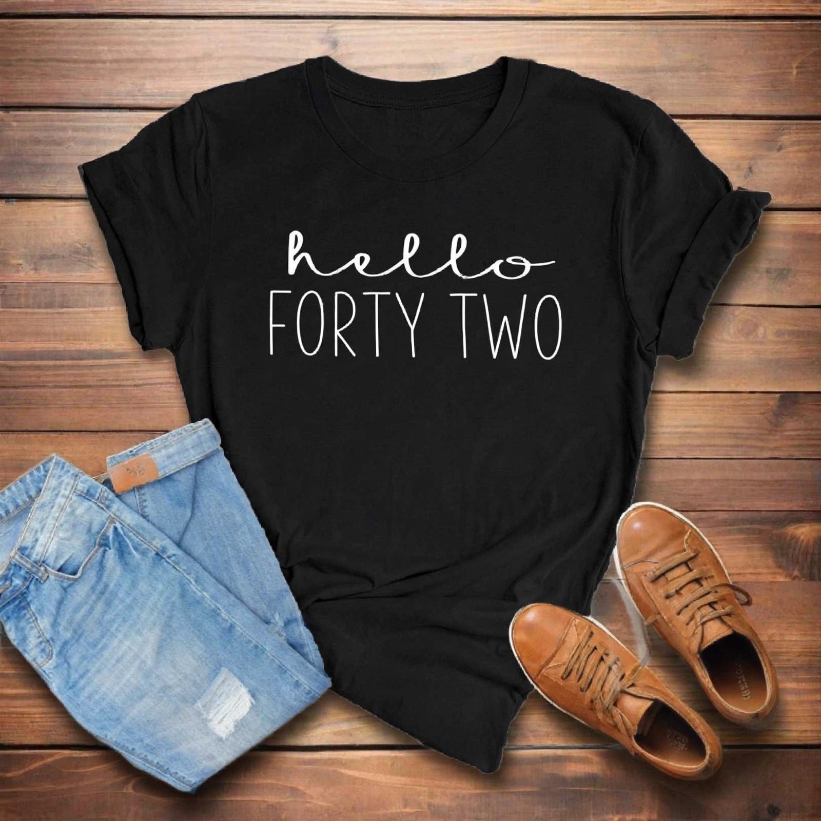 Hello FORTY TWO Birthday Shirt | 42nd Birthday Party T-Shirt Cotton - XMAXVOGUE