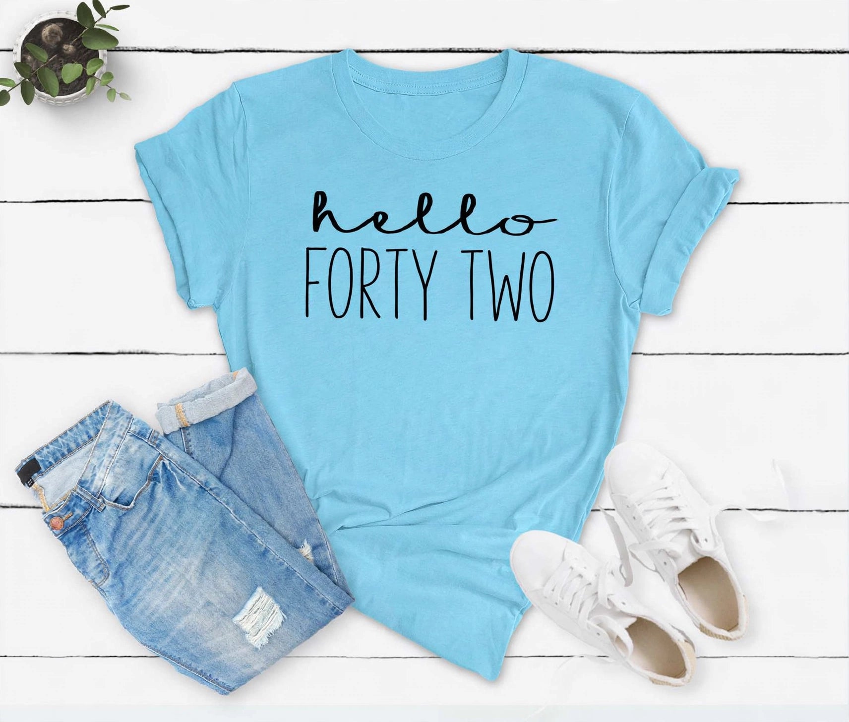Hello FORTY TWO Birthday Shirt | 42nd Birthday Party T-Shirt Cotton