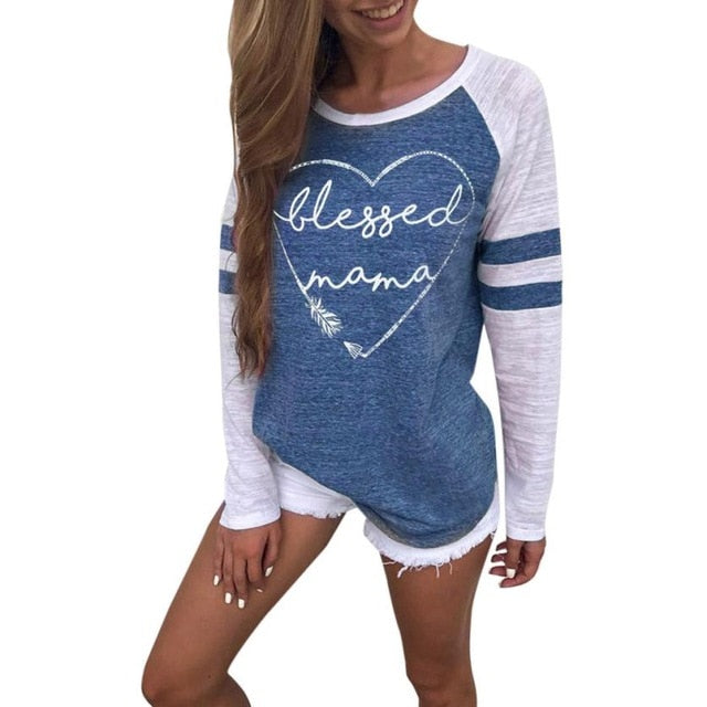Blessed Mama Women's Long Sleeve Vintage Patchwork T-Shirt - Vintage tees for Women