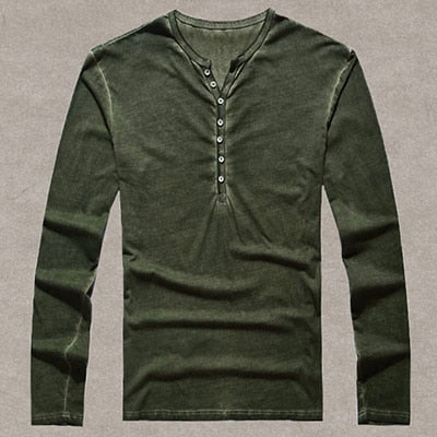 Men Cotton Vintage Henry T Shirts Casual Long Sleeve High quality color Cardigan - Vintage tees for Women