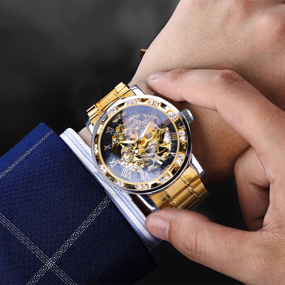 Winner Golden Watch | Classic Rhinestone Clock | Roman Analog Male Skeleton Clocks Mechanical Stainless Steel Band Luminous Watch - Vintage tees for Women