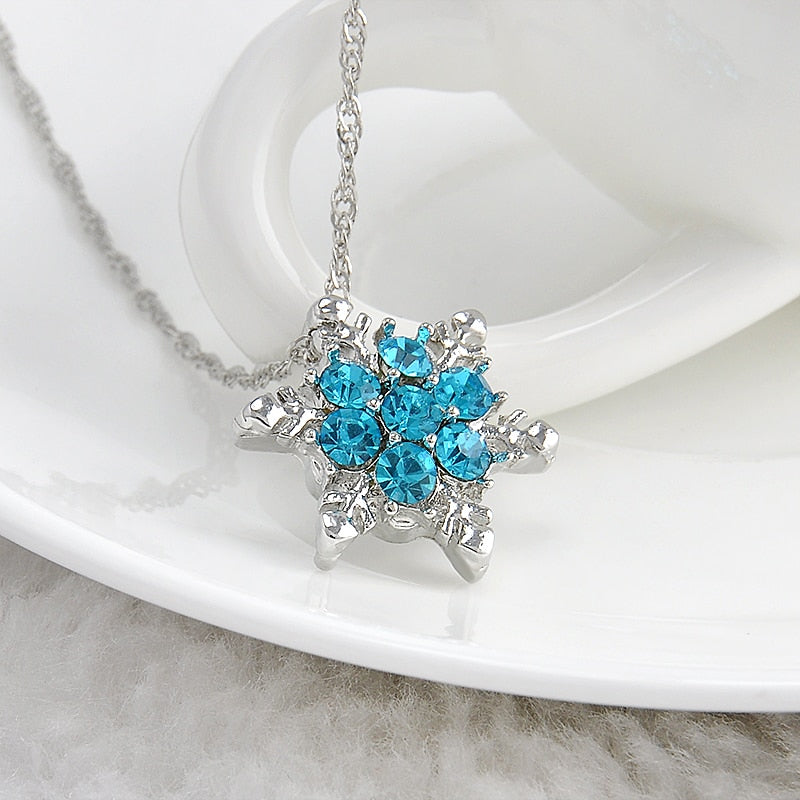 Charm Vintage lady Blue Crystal Snowflake | Zircon Flower Silver Necklaces & Pendants gift for Women - Vintage tees for Women