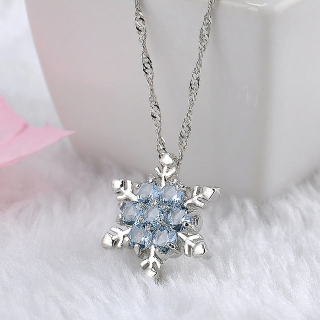 Charm Vintage lady Blue Crystal Snowflake | Zircon Flower Silver Necklaces & Pendants gift for Women - Vintage tees for Women