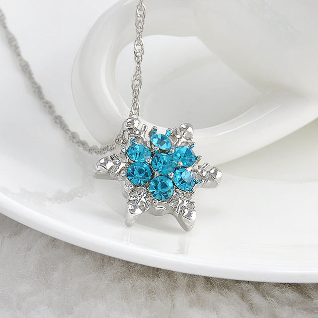 Charm Vintage lady Blue Crystal Snowflake | Zircon Flower Silver Necklaces & Pendants gift for Women - Vintage tees for Women
