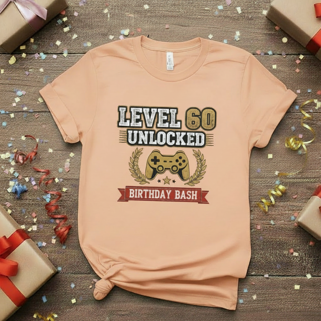 Pink t-shirt with 'Level 50 Unlocked Birthday Bash' design on a wooden surface with gifts and confetti.