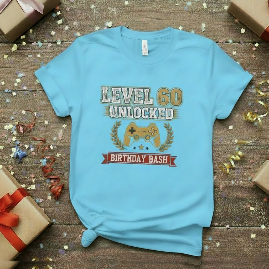 Light blue t-shirt with 'Level 50 Unlocked Birthday Bash' design on a wooden surface with gift boxes and confetti.