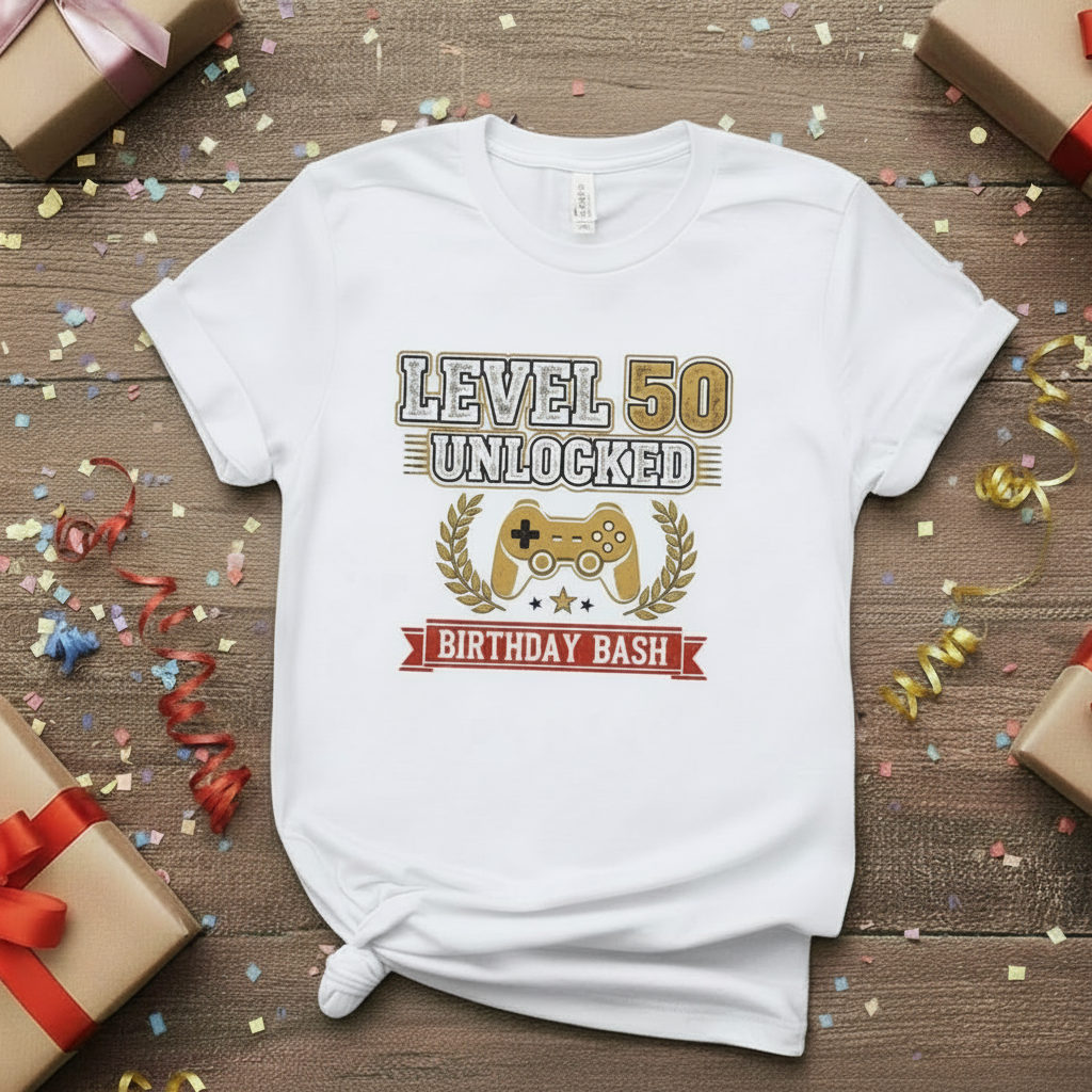 White t-shirt with 'Level 50 Unlocked Birthday Bash' design on a wooden surface with gifts and confetti.