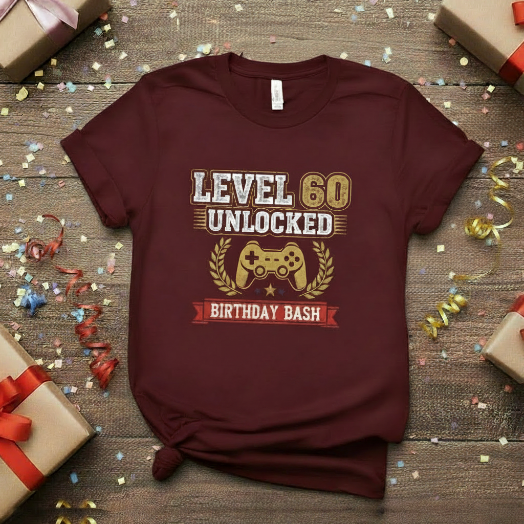 Maroon t-shirt with 'Level 50 Unlocked Birthday Bash' design on a wooden surface with gift boxes and confetti.