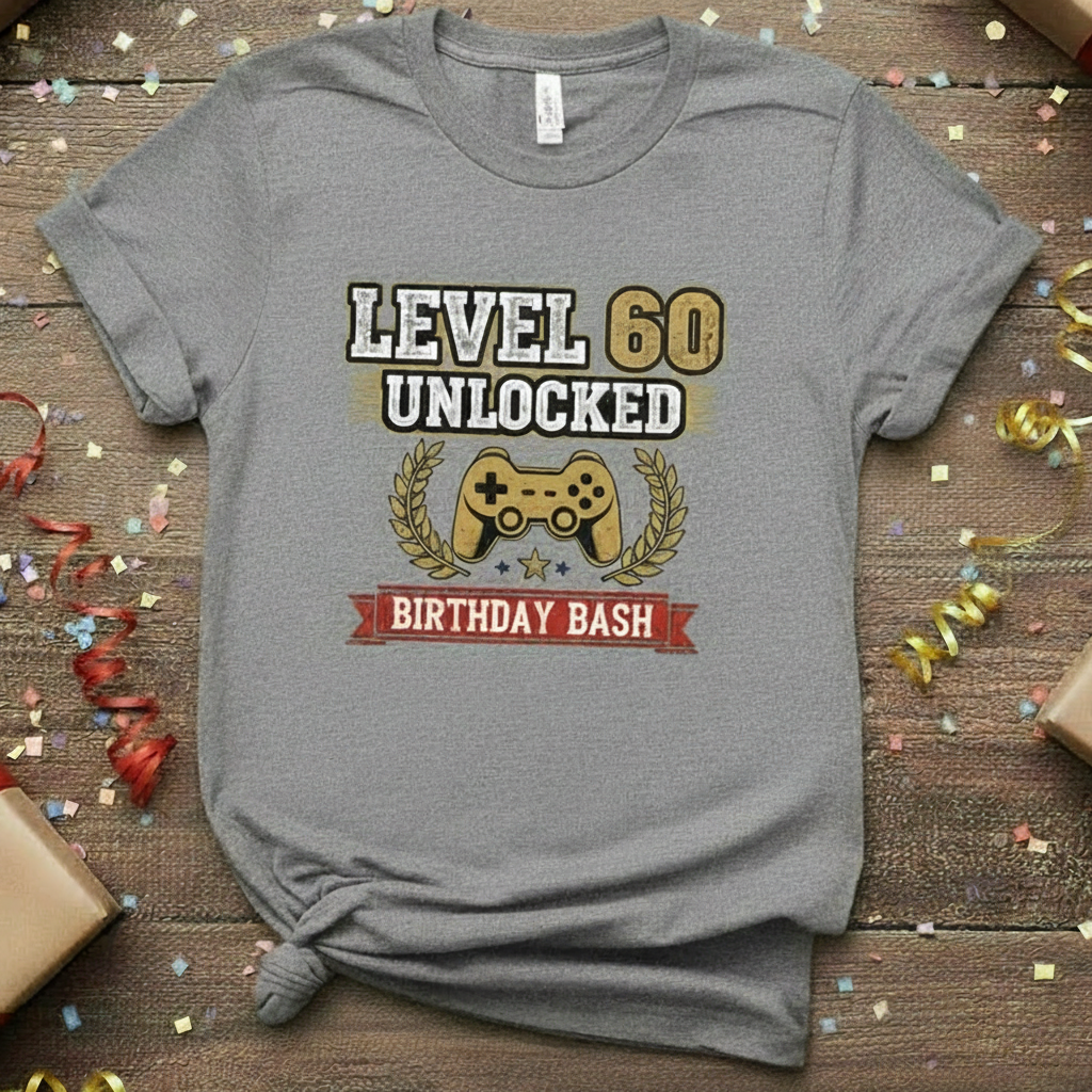 Gray t-shirt with 'Level 50 Unlocked Birthday Bash' design on a wooden surface with gifts and confetti.