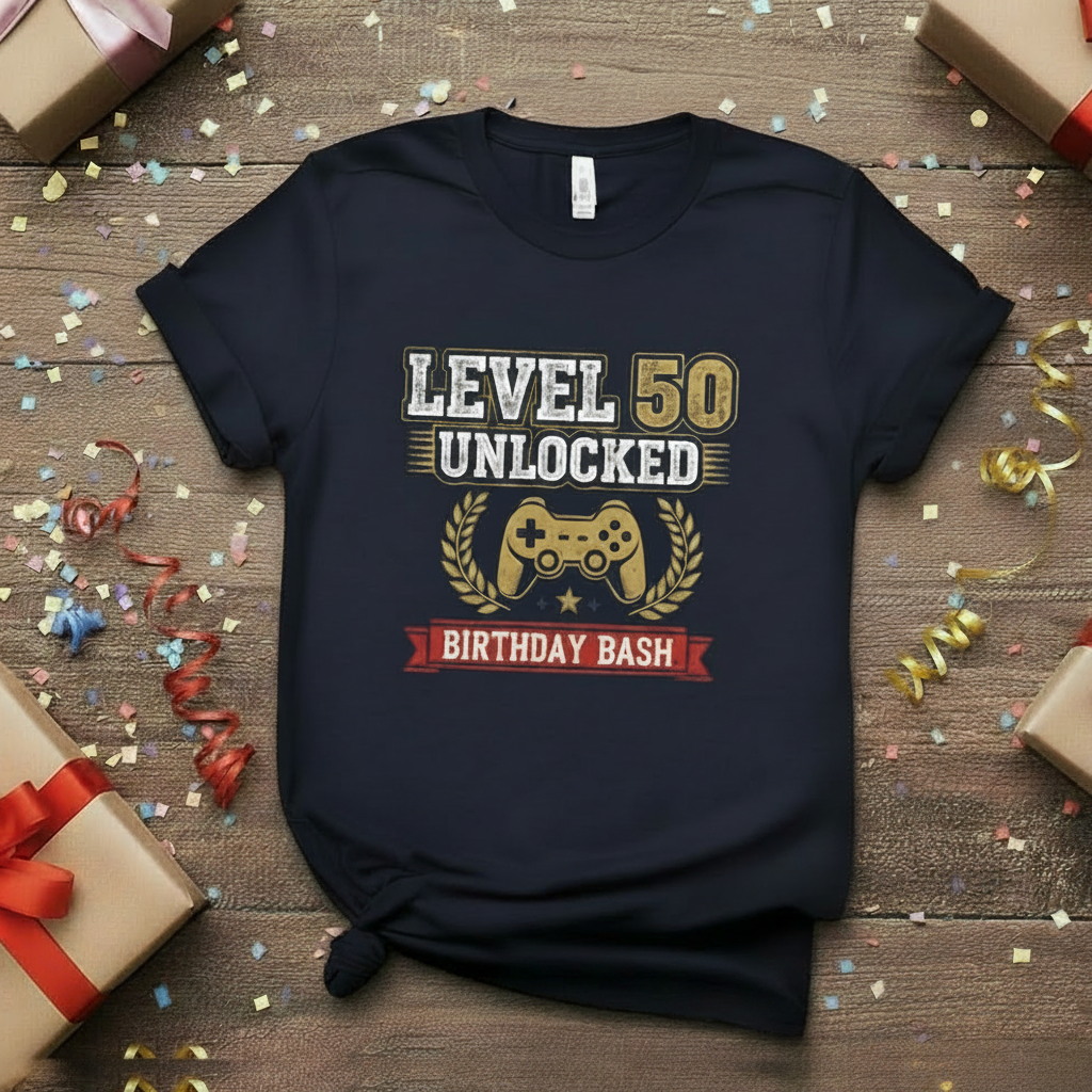 Black t-shirt with 'Level 50 Unlocked Birthday Bash' design on a wooden surface with gifts and confetti.